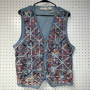 Women's Casey & Max‎ Denim Vest, XL Blue/Red, Button-Up, Cotton, Waist Back Ties